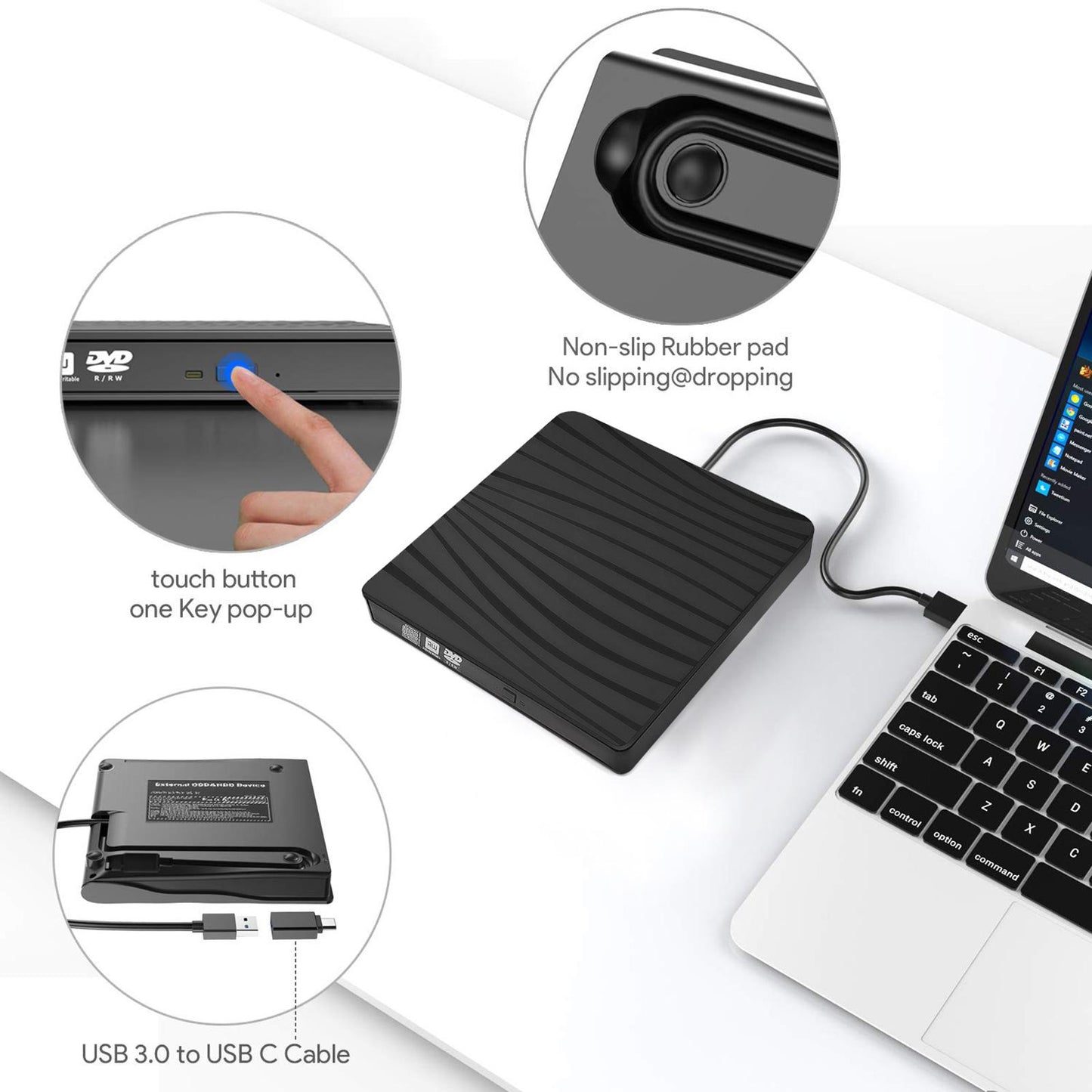 External CD DVD Drive USB 3.0 and Type-C Slim for Desktop Laptop Notebook