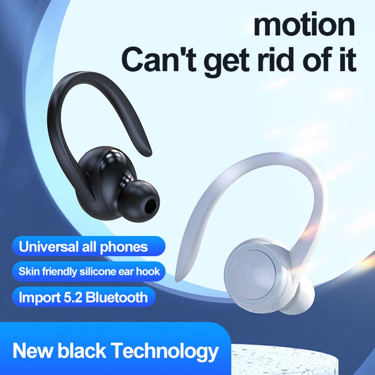 Sweatproof Wireless Bluetooth Headset Ear Hook In-Ear Earbuds Running Black