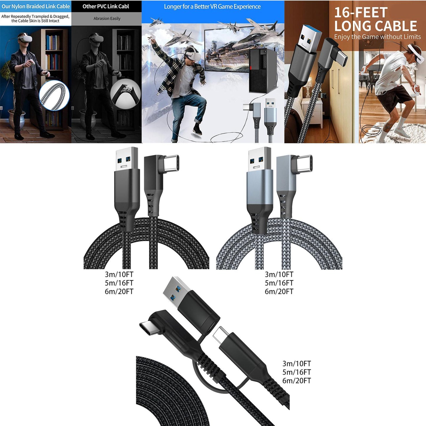 Link Cable Fast Charge 90 Degree for Quest 2 VR Headset Black 3m 10ft 