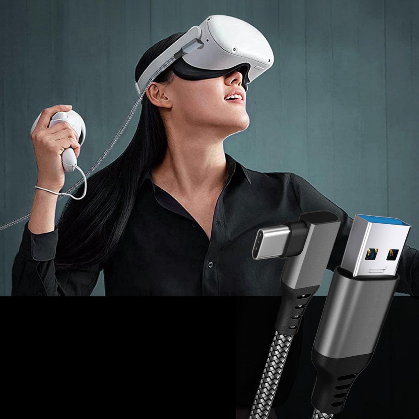 Link Cable Fast Charge 90 Degree for Quest 2 VR Headset Black 6m 20ft