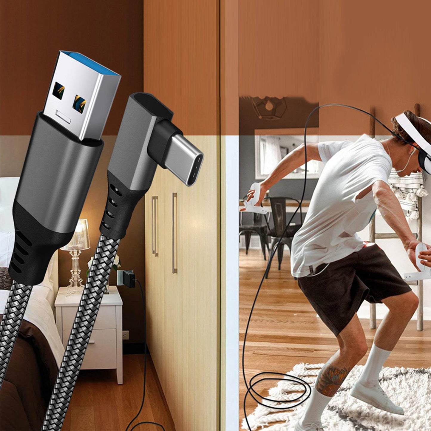 Link Cable Fast Charge 90 Degree for Quest 2 VR Headset Gray 5m 16ft