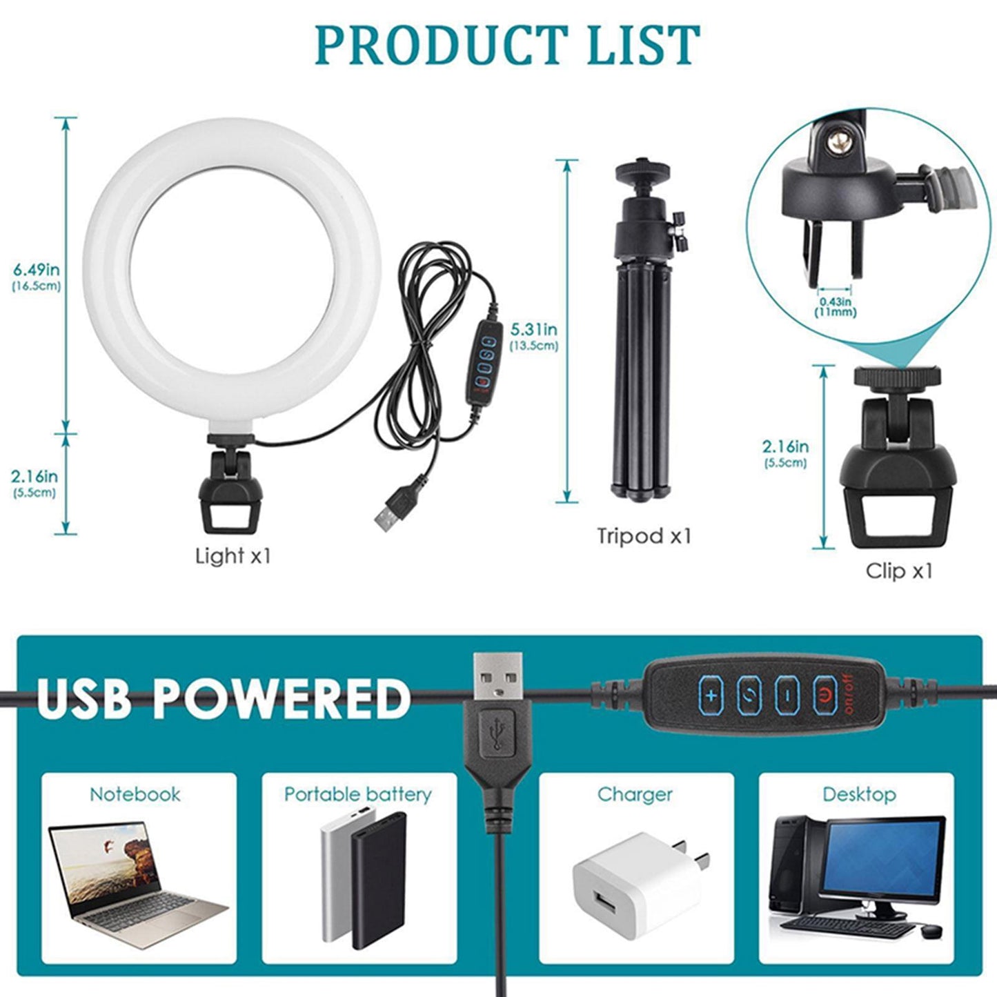 Ring Light 6" 3 Light Modes USB Powered for Live Streaming Laptop Computer