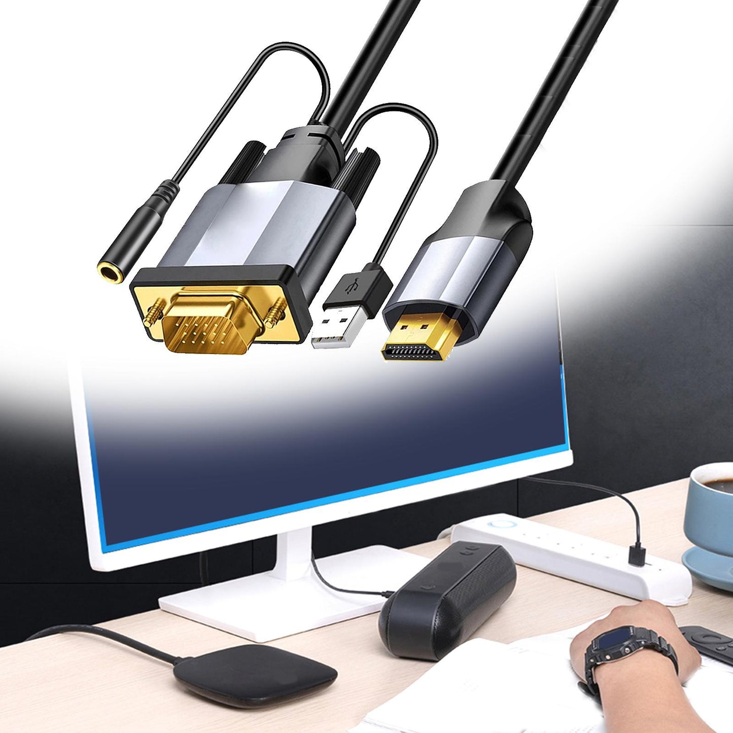 HDMI to VGA Cable with USB Power Male to Male for Desktop Monitor   1.8m