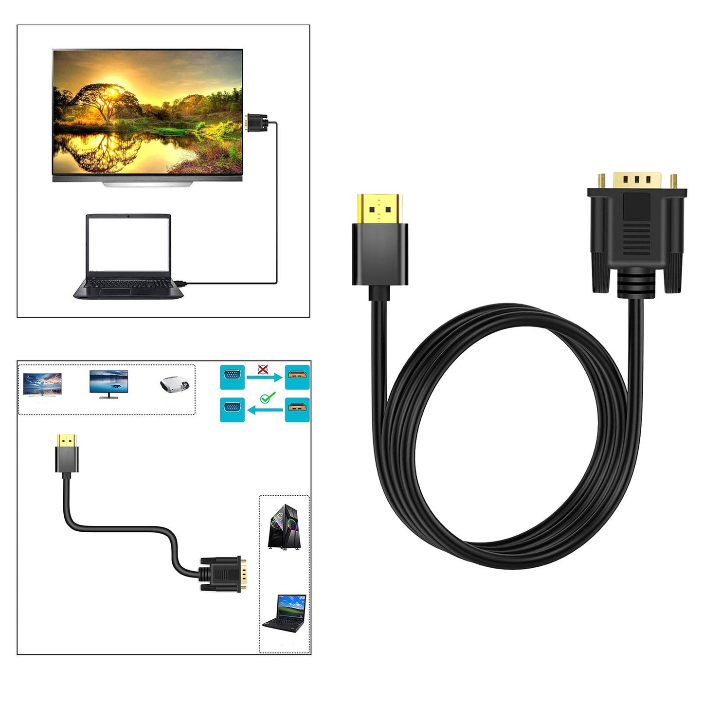 HDMI to VGA Cable Male to Male uni directional for Laptop PC Monitor 1m