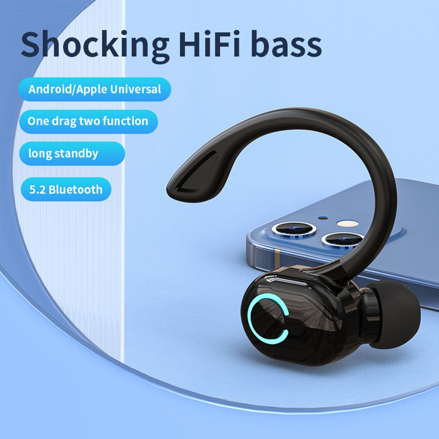 V 5.2 Bluetooth Headphones Built in Microphone Stereo Lightweight for Office Black
