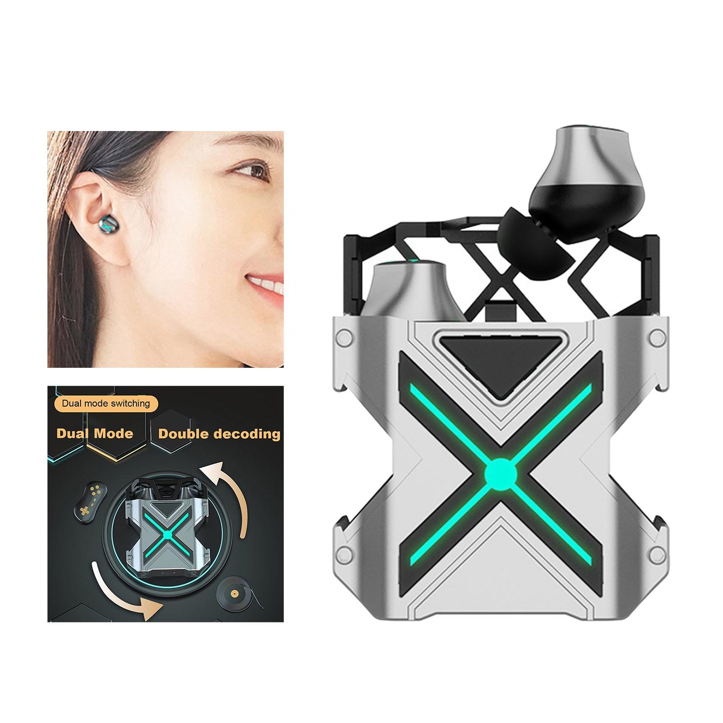 Portable Wireless BT Gaming Earphones Auto Pairing for Business Home Silver