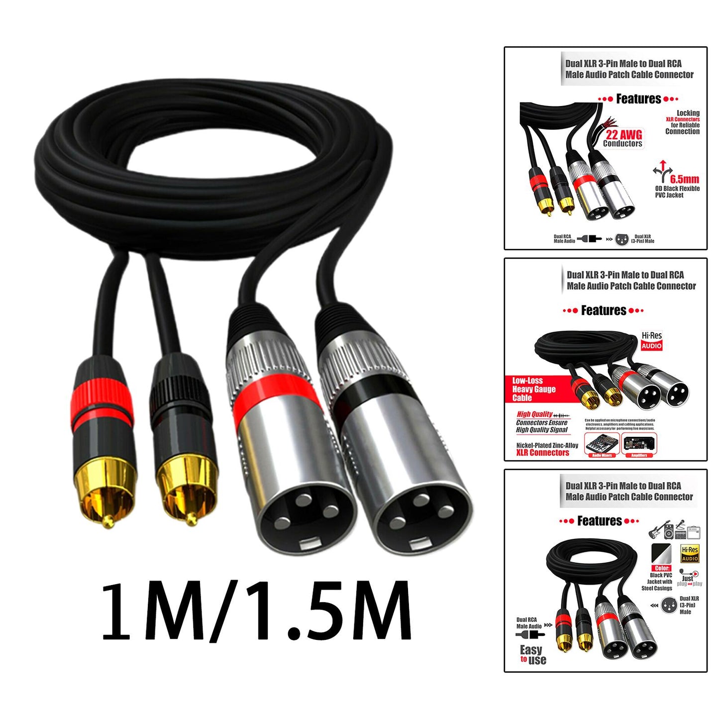 Dual RCA Male to Dual XLR Male Cable Splitter for Studio Monitor Amplifier 1m 