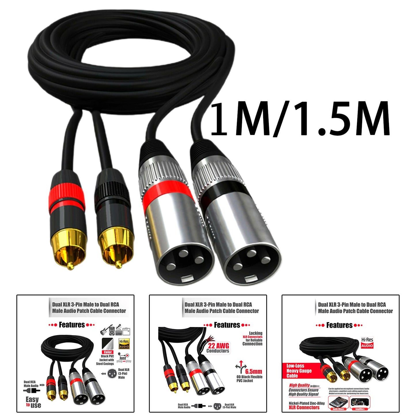 Dual RCA Male to Dual XLR Male Cable Splitter for Studio Monitor Amplifier 1m 