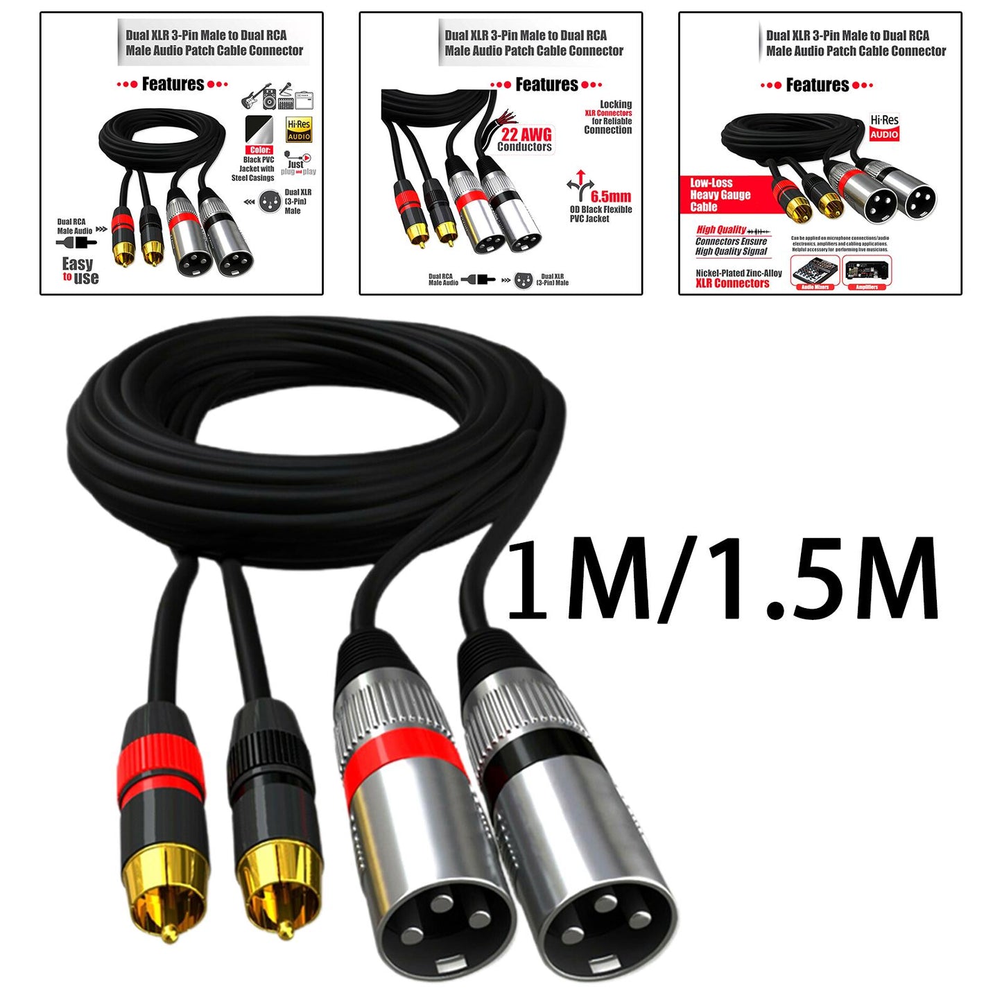 Dual RCA Male to Dual XLR Male Cable Splitter for Studio Monitor Amplifier 1m 