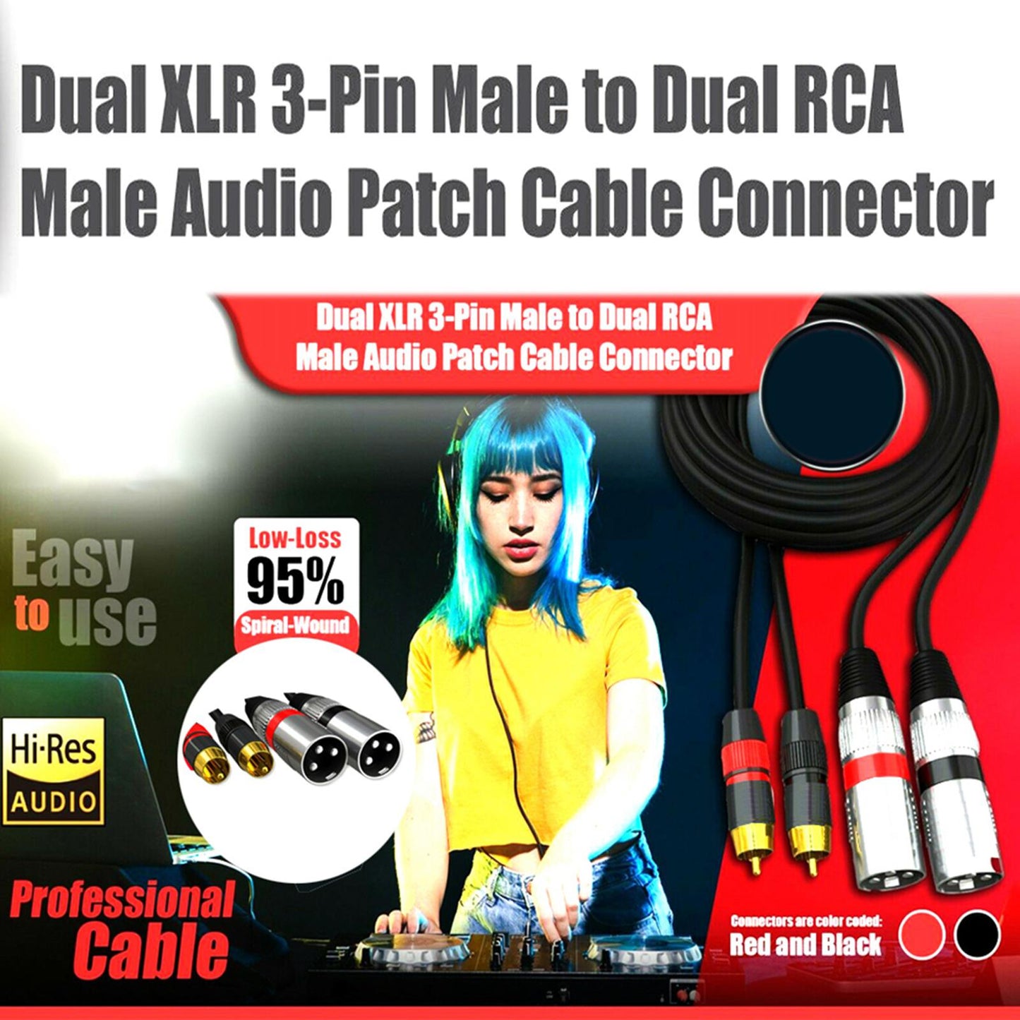 Dual RCA Male to Dual XLR Male Cable Splitter for Studio Monitor Amplifier 1.5m