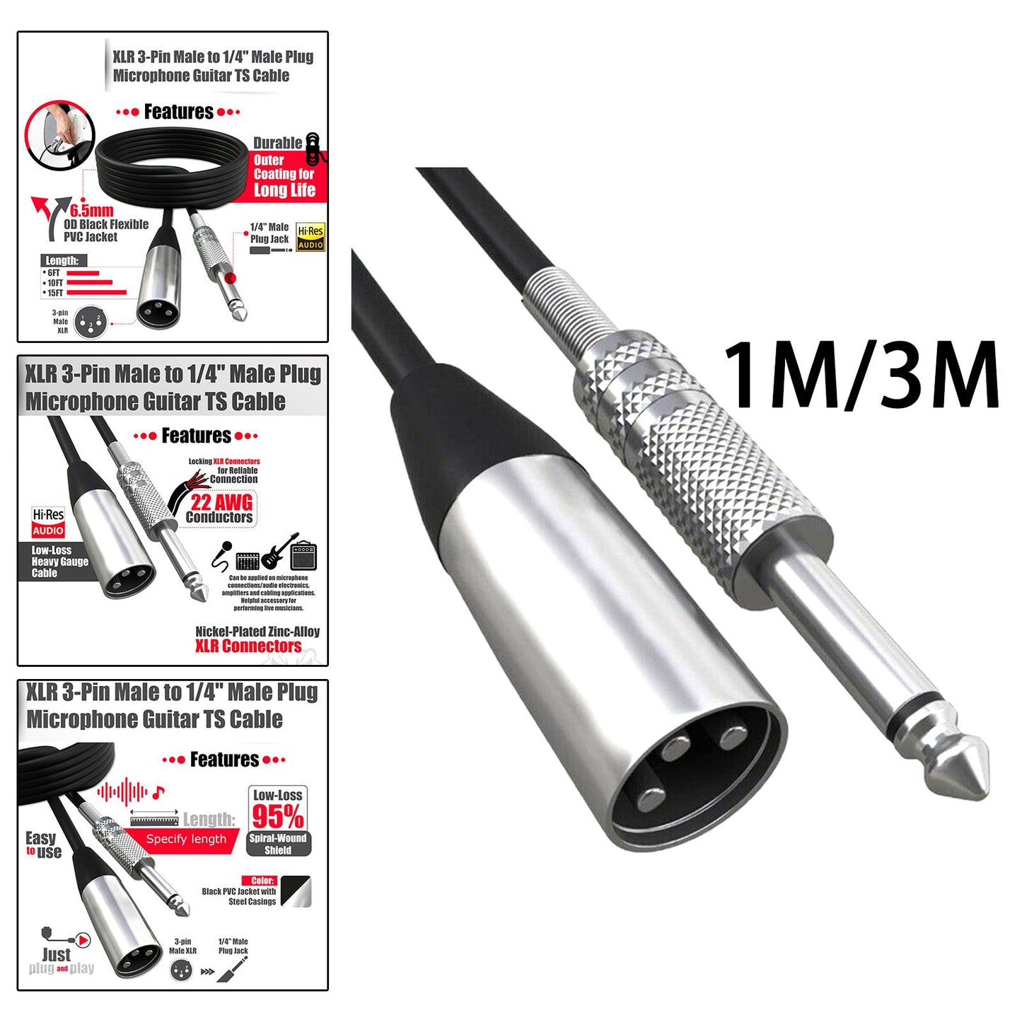 Mono Male (1/4 inch) 6.35mm to XLR Male Plug Cable Shielded Audio 1.5m
