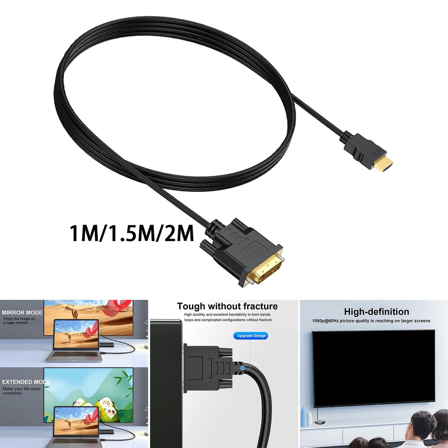 DVI to HDMI Adapter Cable HDMI Male to Dvi-D Male for Desktops TV Monitors 1m