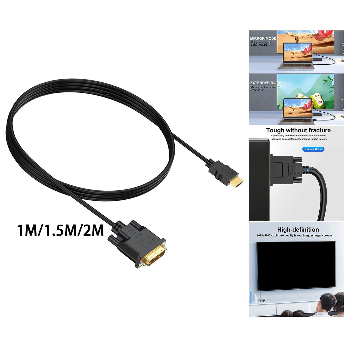 DVI to HDMI Adapter Cable HDMI Male to Dvi-D Male for Desktops TV Monitors 1m