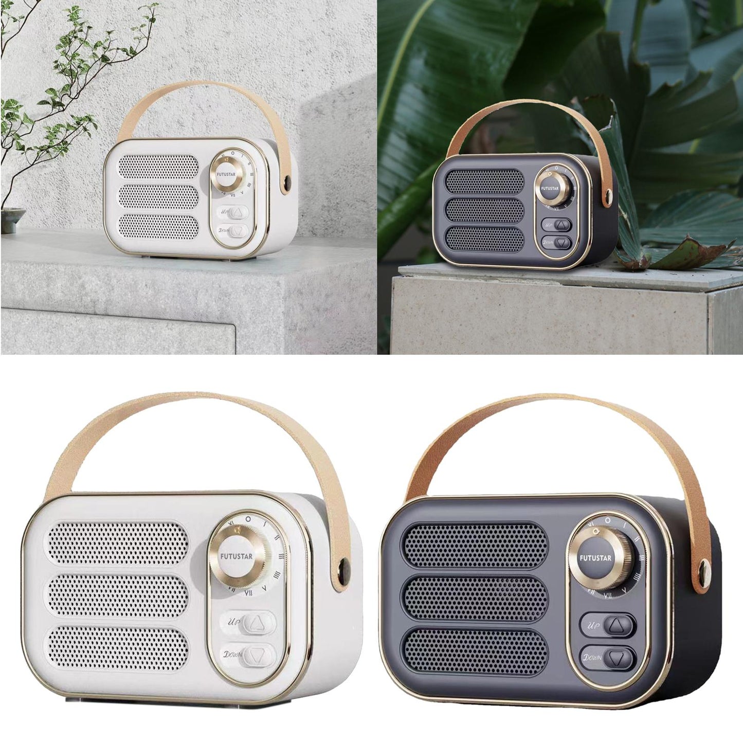 Cute Retro Style Speaker with PU Leather Handle V5.0 for Party Kitchen White