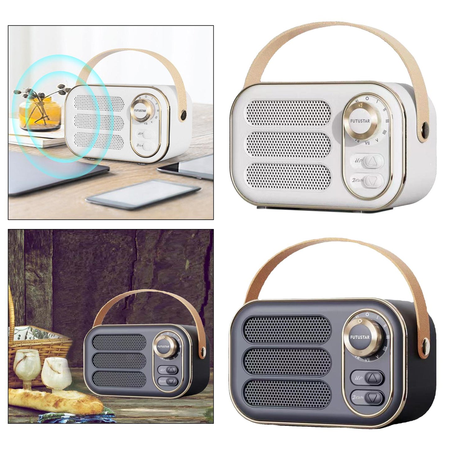 Cute Retro Style Speaker with PU Leather Handle V5.0 for Party Kitchen White