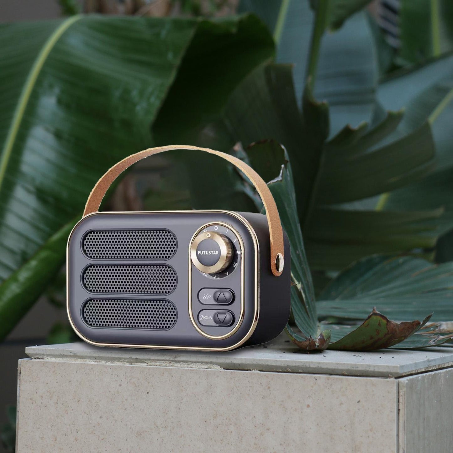 Cute Retro Style Speaker with PU Leather Handle V5.0 for Party Kitchen Black