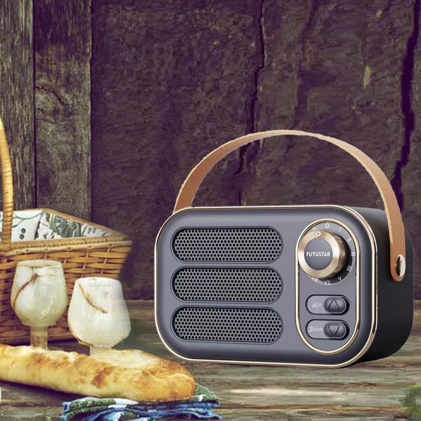 Cute Retro Style Speaker with PU Leather Handle V5.0 for Party Kitchen Black