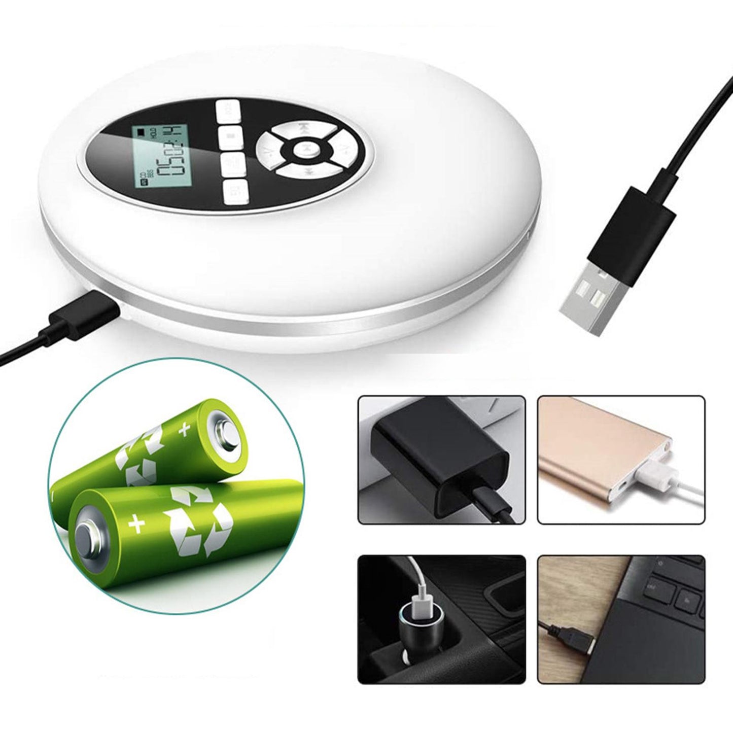 Multifunction Portable CD Player Lightweight Stereo for Running Car White