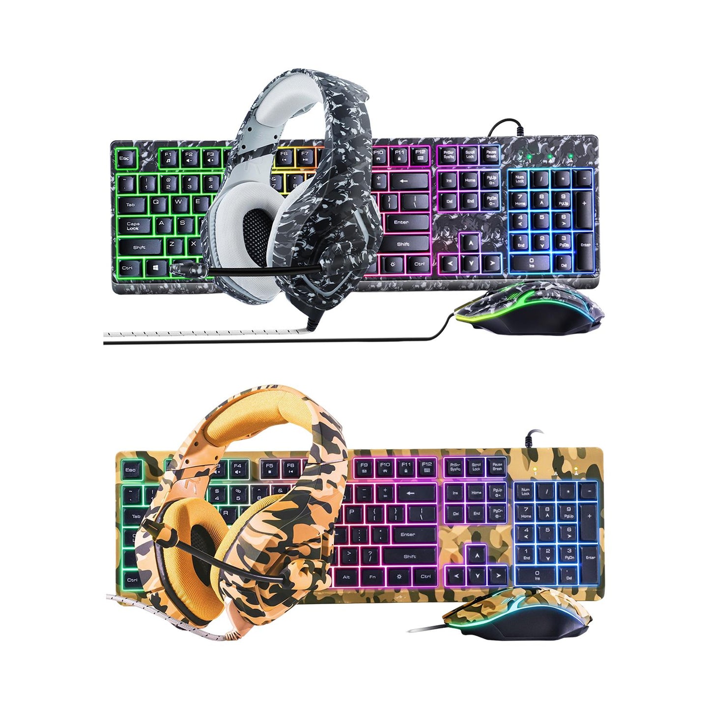 Keyboard Mouse Headphone Memory Foam Earmuffs Mouse Plug and Play Ergonomic Camouflage yellow