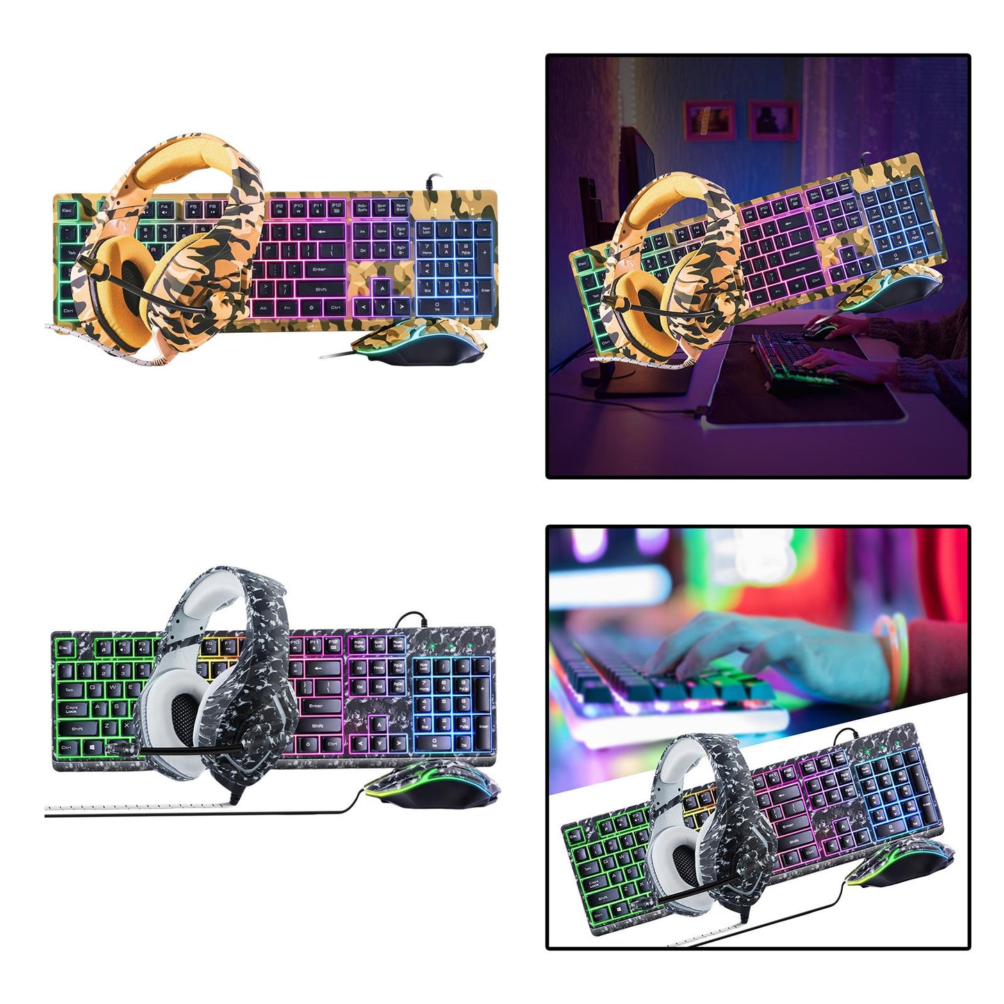 Keyboard Mouse Headphone Memory Foam Earmuffs Mouse Plug and Play Ergonomic Camouflage yellow