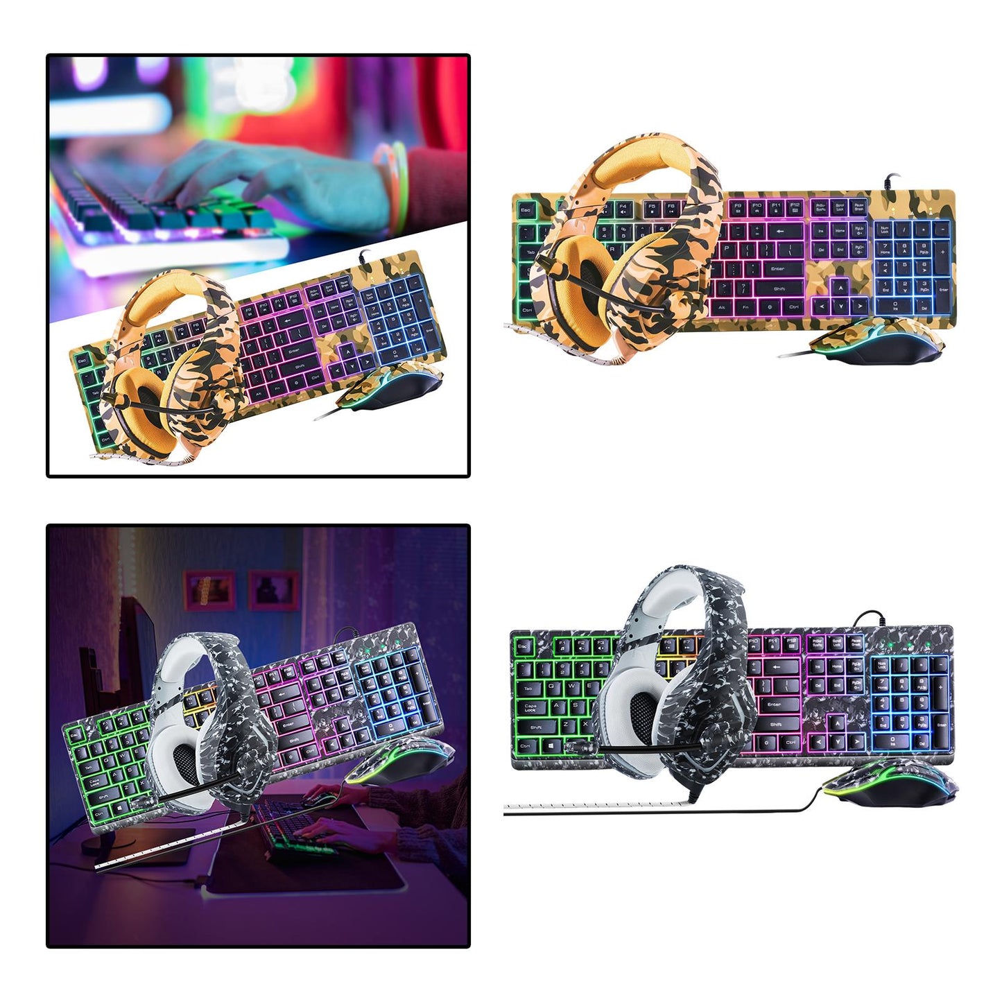 Keyboard Mouse Headphone Memory Foam Earmuffs Mouse Plug and Play Ergonomic Camouflage yellow