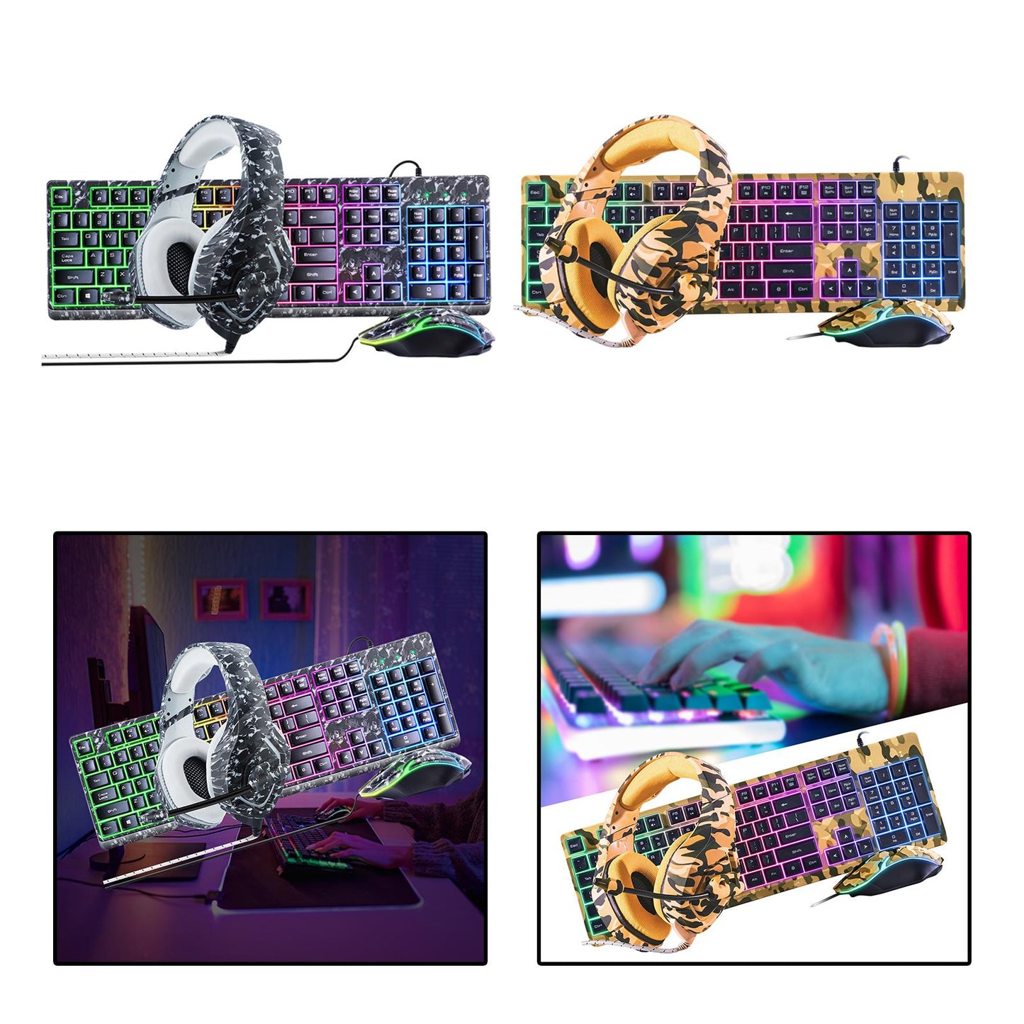 Keyboard Mouse Headphone Memory Foam Earmuffs Mouse Plug and Play Ergonomic Camouflage yellow