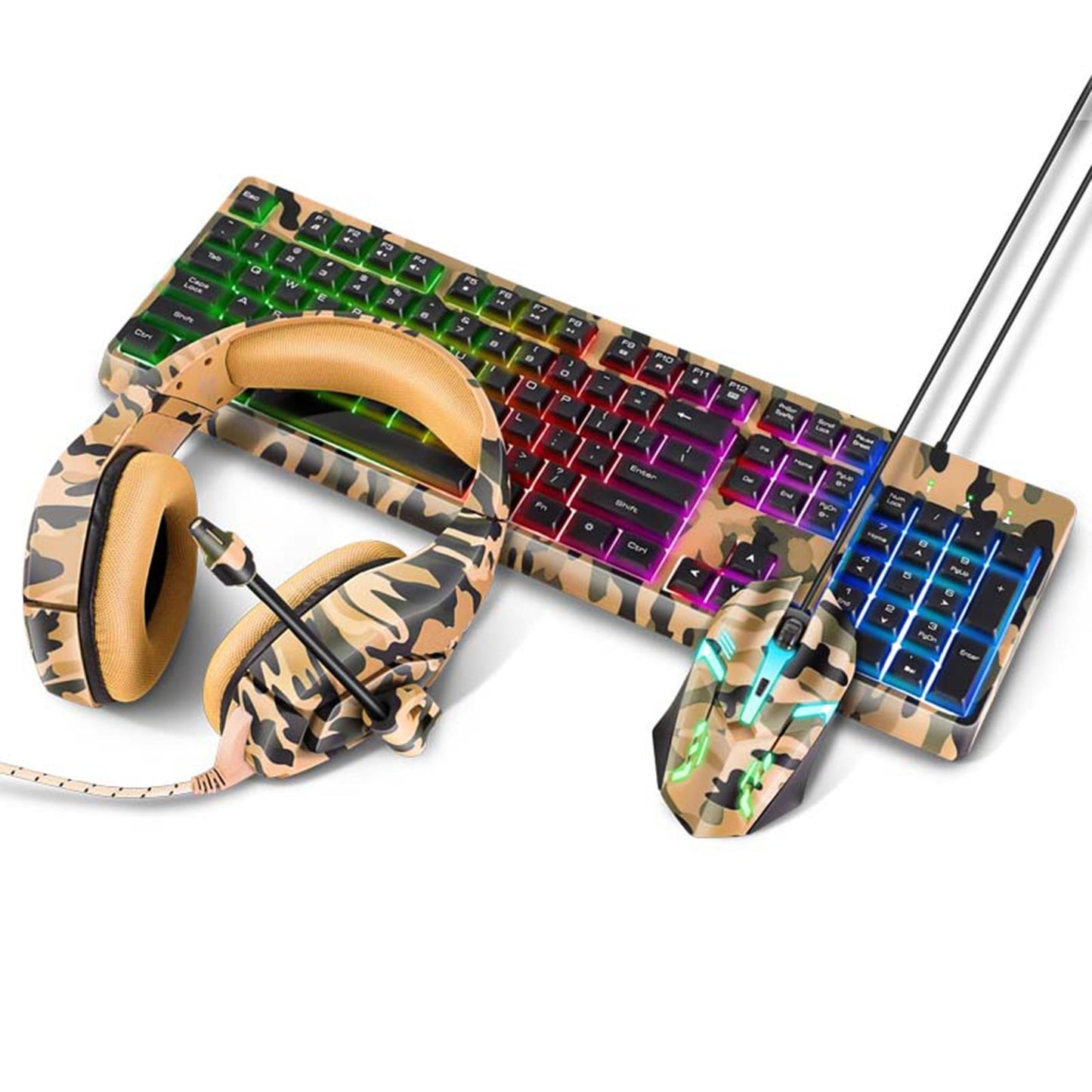 Keyboard Mouse Headphone Memory Foam Earmuffs Mouse Plug and Play Ergonomic Camouflage yellow