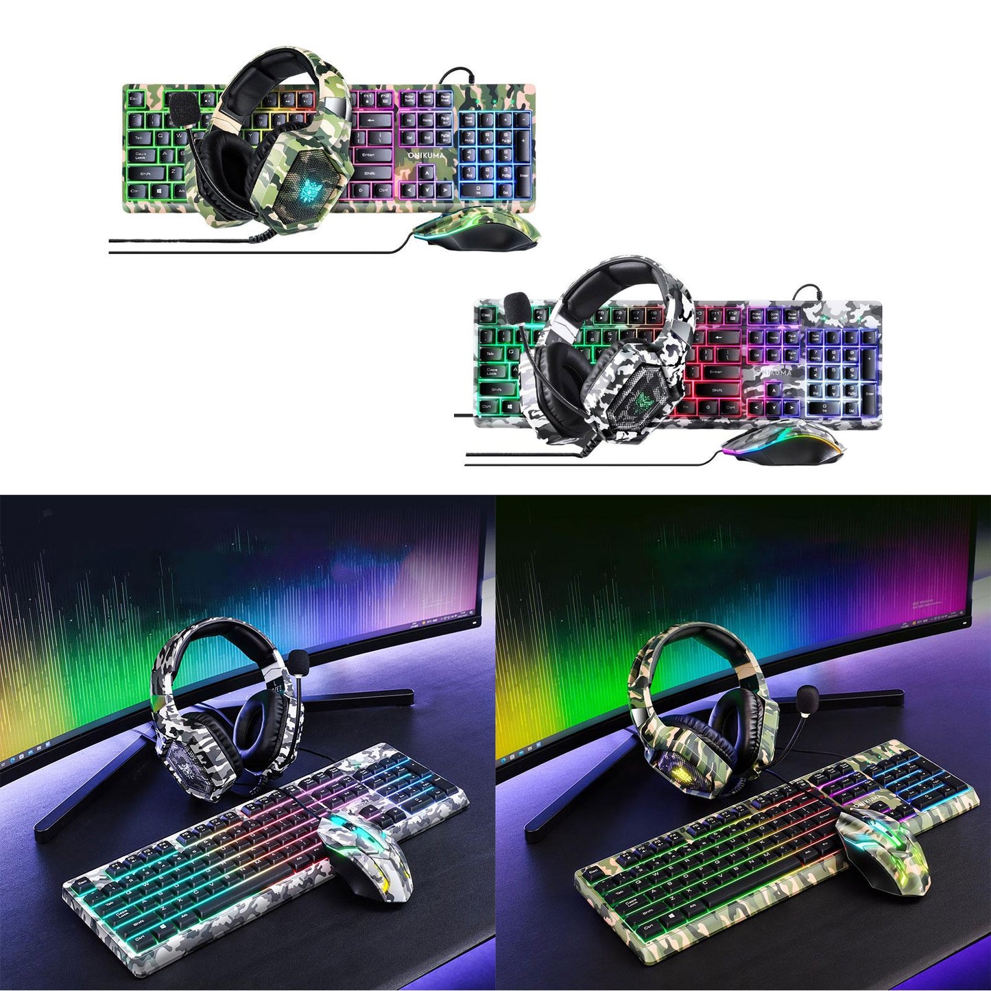 Keyboard Mouse Headphone Memory Foam Earmuffs Mouse Plug and Play Ergonomic Camouflage green
