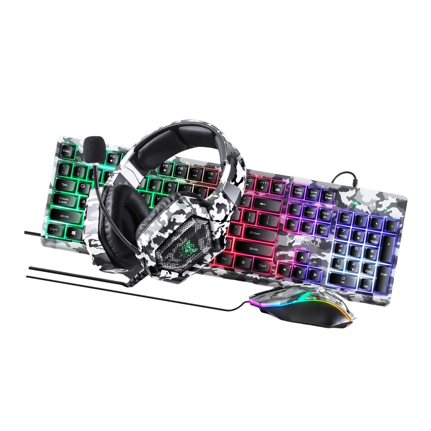 Keyboard Mouse Headphone Memory Foam Earmuffs Mouse Plug and Play Ergonomic Camouflage white