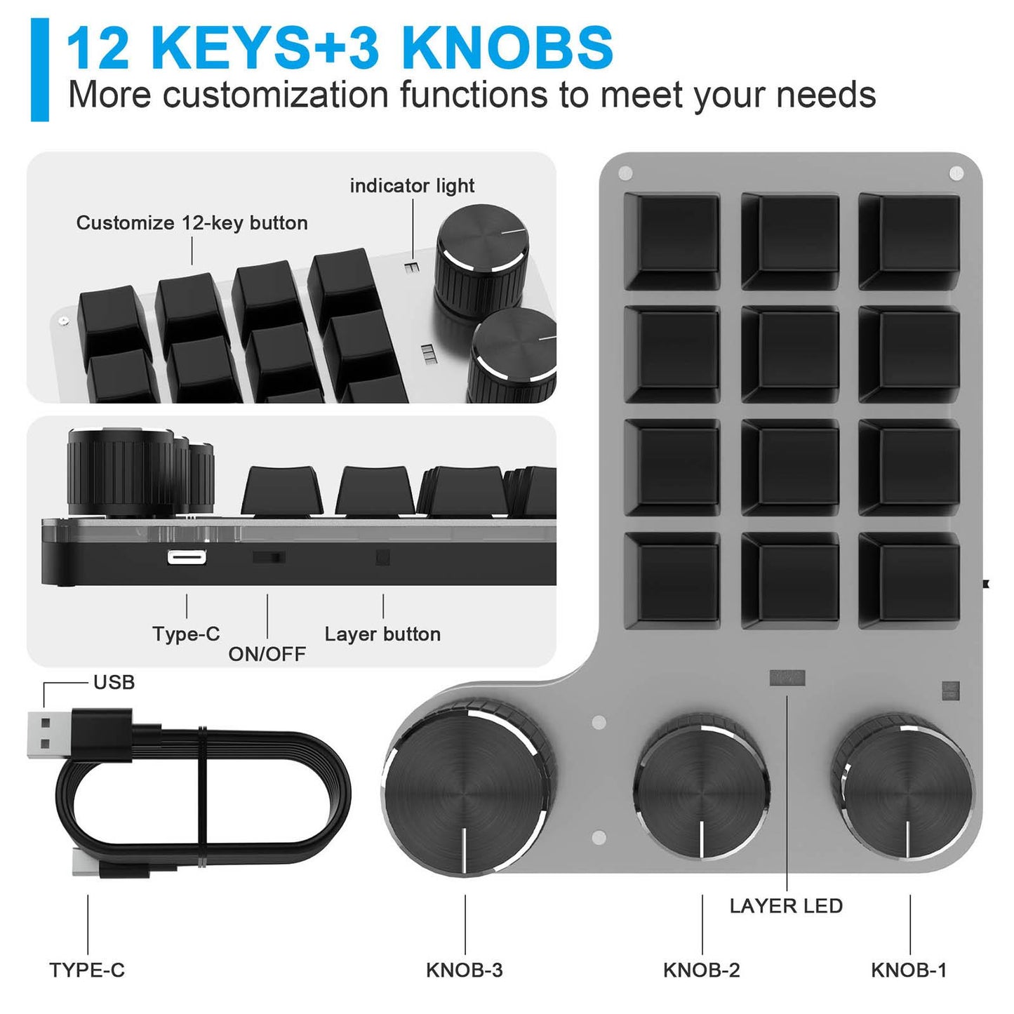 Portable Numeric Keypad 9 Keys 3 Knob Program RGB for PC Laptop Tablet Black