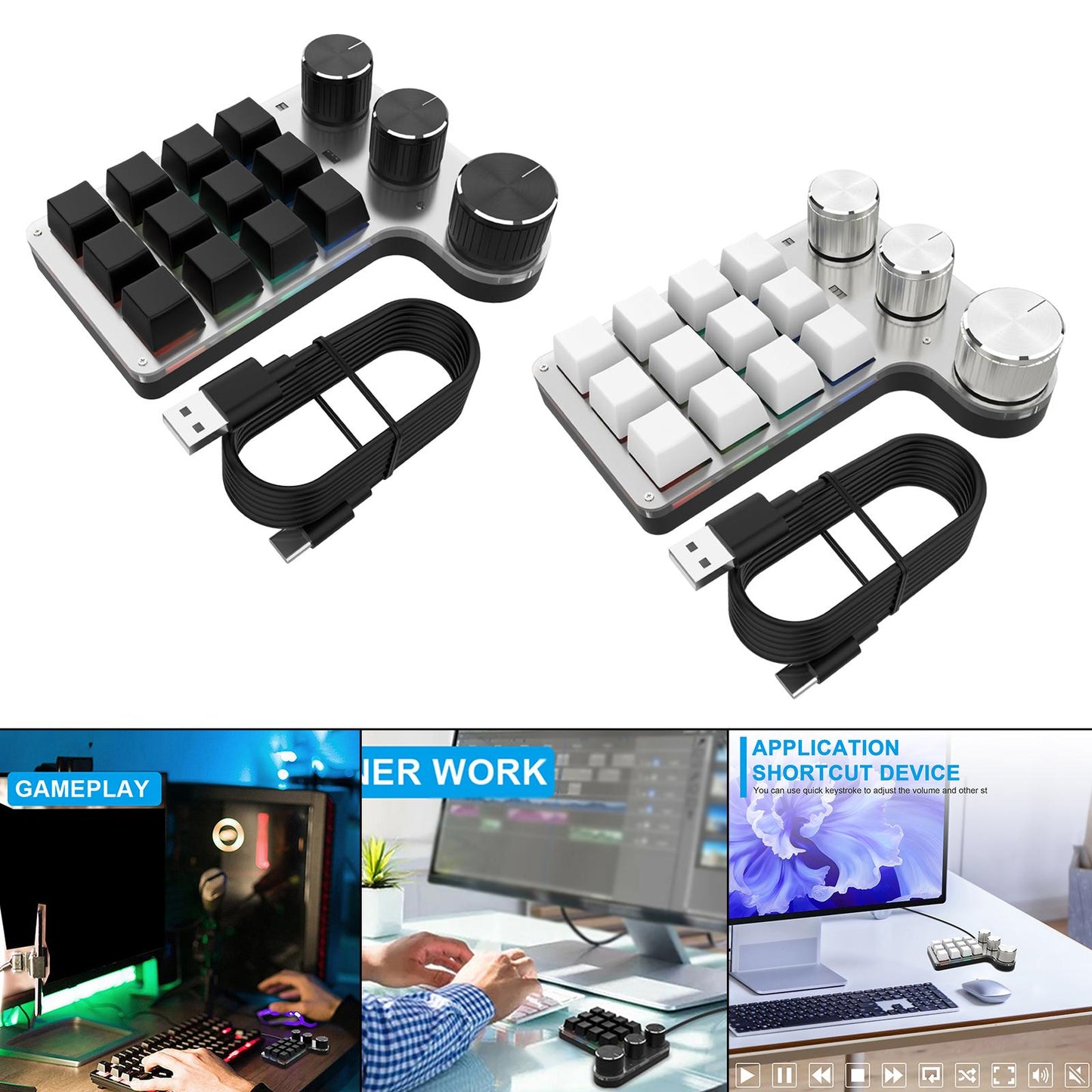 Portable Numeric Keypad 9 Keys 3 Knob Program RGB for PC Laptop Tablet Black