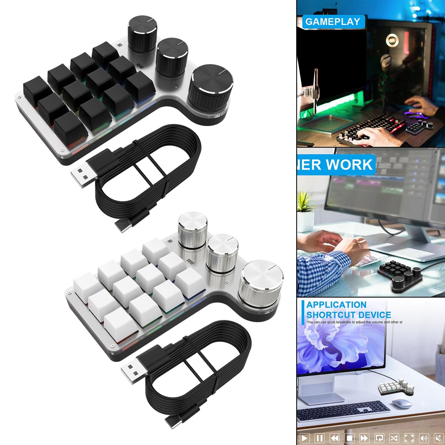 Portable Numeric Keypad 9 Keys 3 Knob Program RGB for PC Laptop Tablet Black