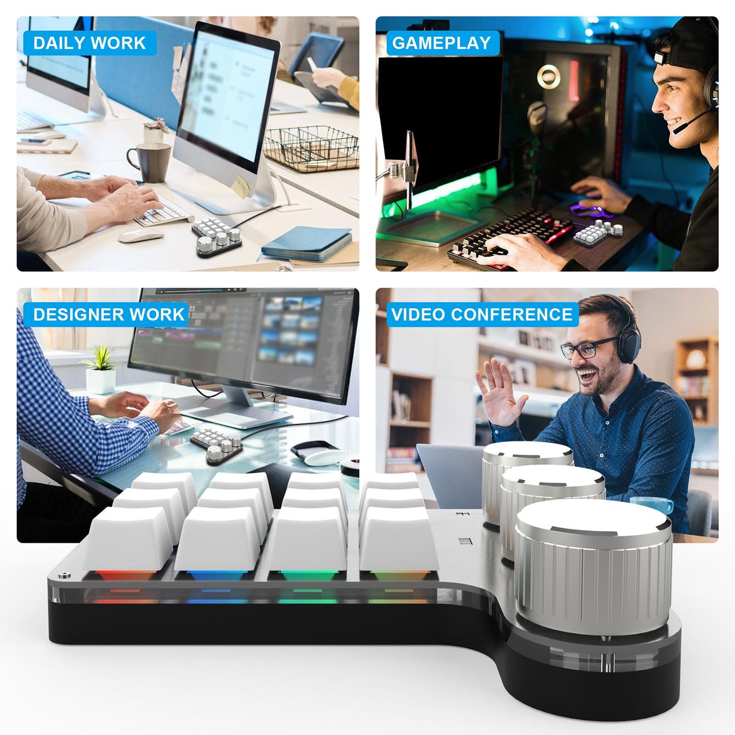 Portable Numeric Keypad 9 Keys 3 Knob Program RGB for PC Laptop Tablet White