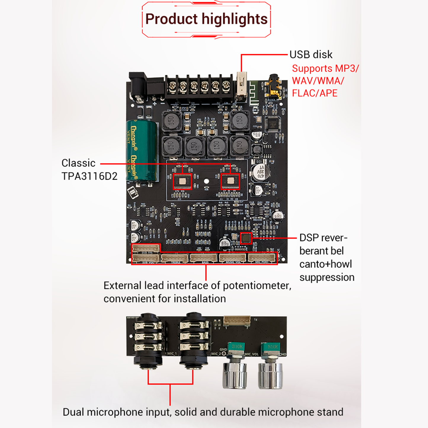 Microphone Amplifier Template 15M Transmission Distance TPA3116D2 50Wx2+100W