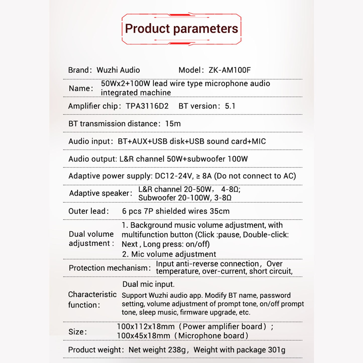 Microphone Amplifier Template 15M Transmission Distance TPA3116D2 50Wx2+100W