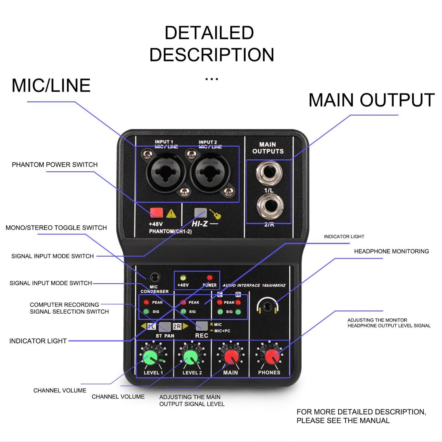 USB Audio Interface 16Bit/49 KHz Audio Mixer Console Interface for Recording