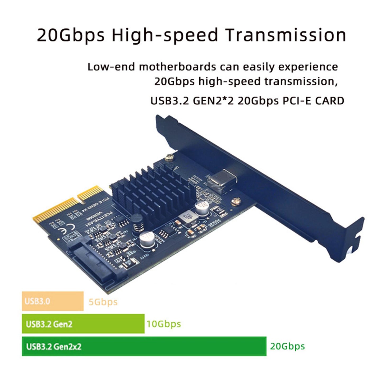 Pci-e 4x to USB3.2 Gen2 Front Type C Expansion Card Stable Performance Black