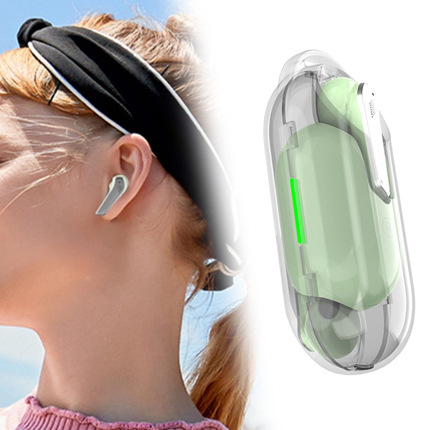 Single Wireless Earphone with Mic Headphone for Outdoor Video Game Music Gym Green