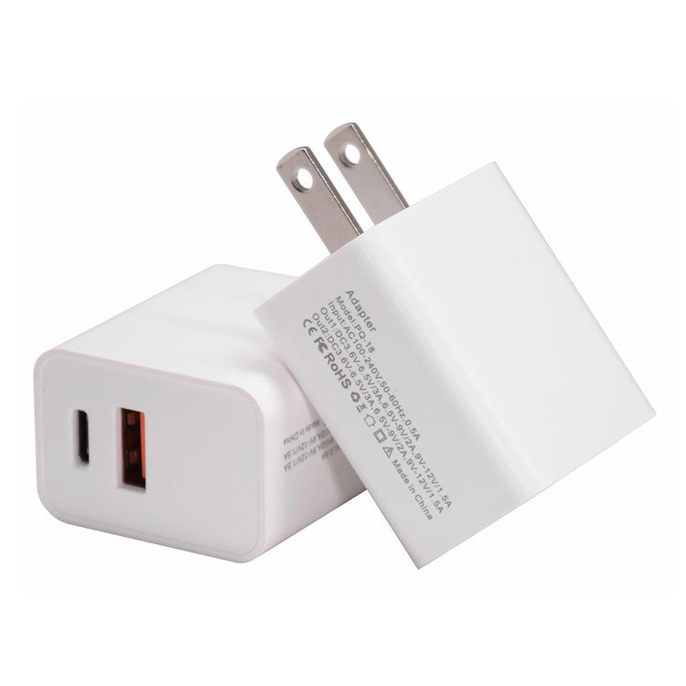 18W USB + Type-C Dual Ports Quick Charge Travel Charger - US Plug