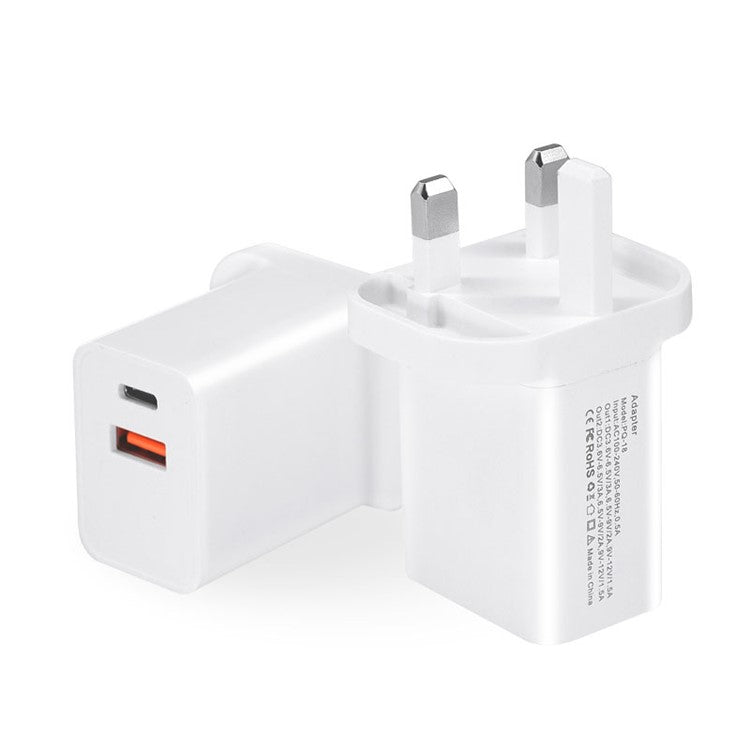 18W USB + Type-C Dual Ports Quick Charge Travel Charger - UK Plug