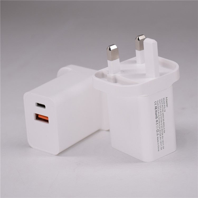 18W USB + Type-C Dual Ports Quick Charge Travel Charger - UK Plug