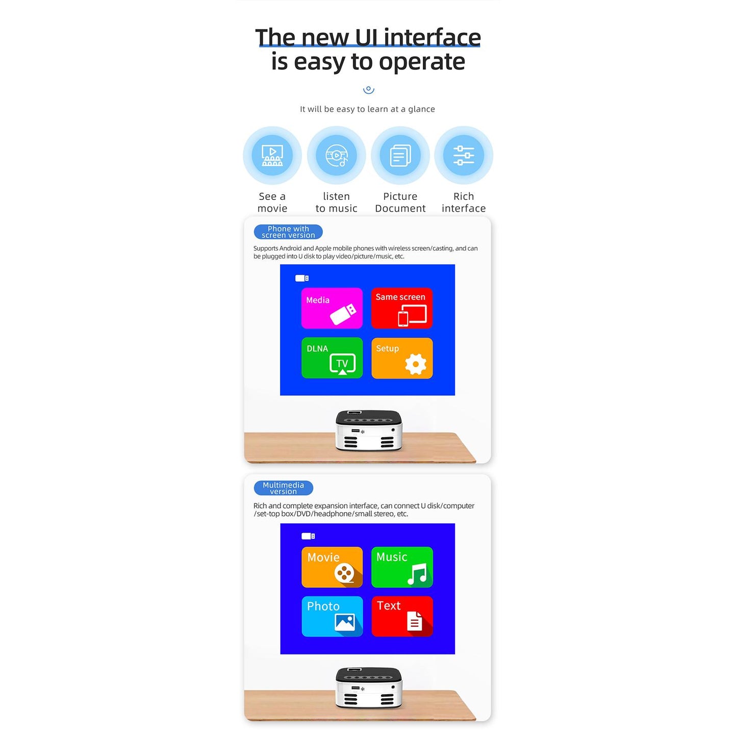 Video Projectors LED 1080P Mini Projector for Smartphone Home Cinema Bedroom