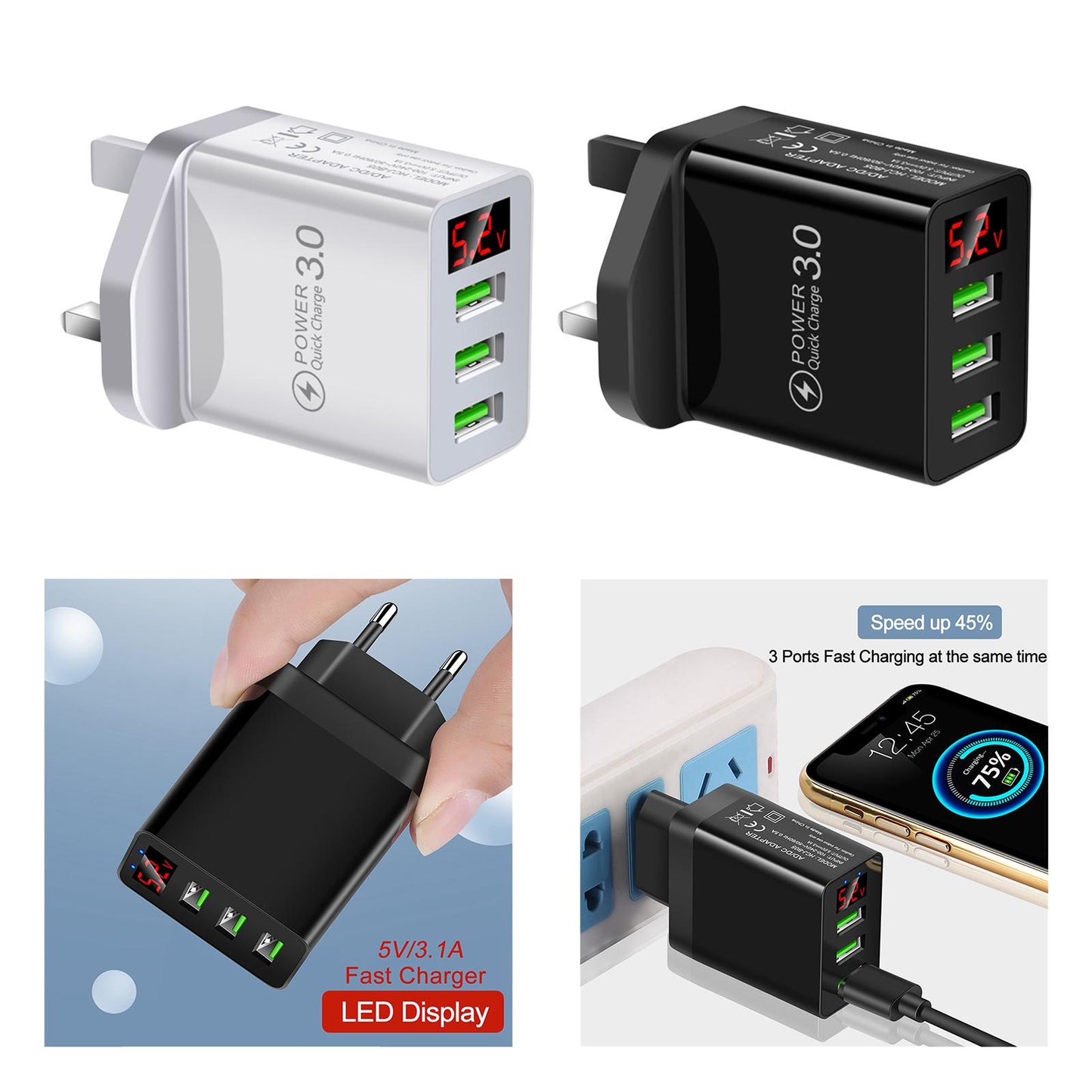 Fast Charger Portable 3USB Digital Display Fast Charging for Travel Charging Black