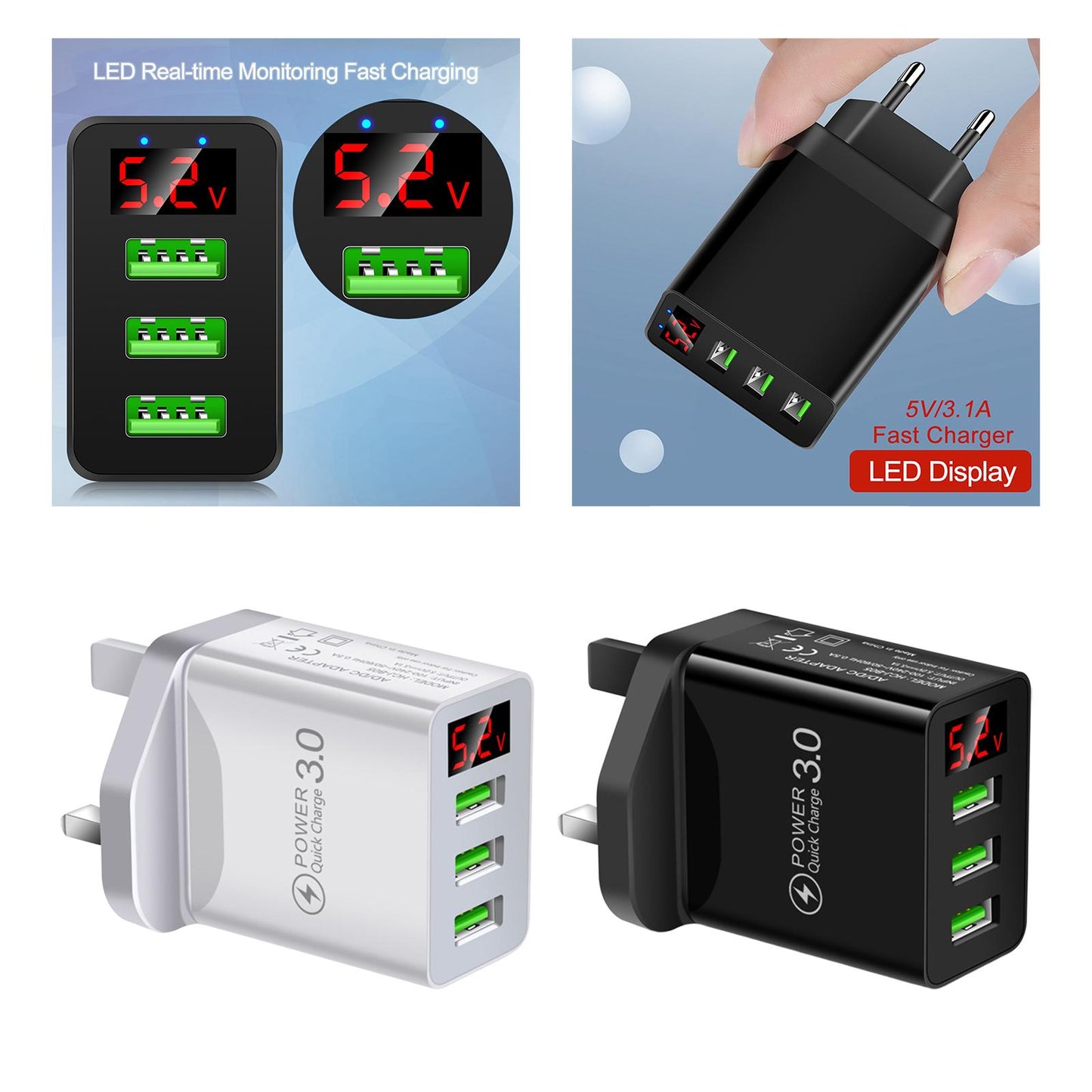 Fast Charger Portable 3USB Digital Display Fast Charging for Travel Charging Black