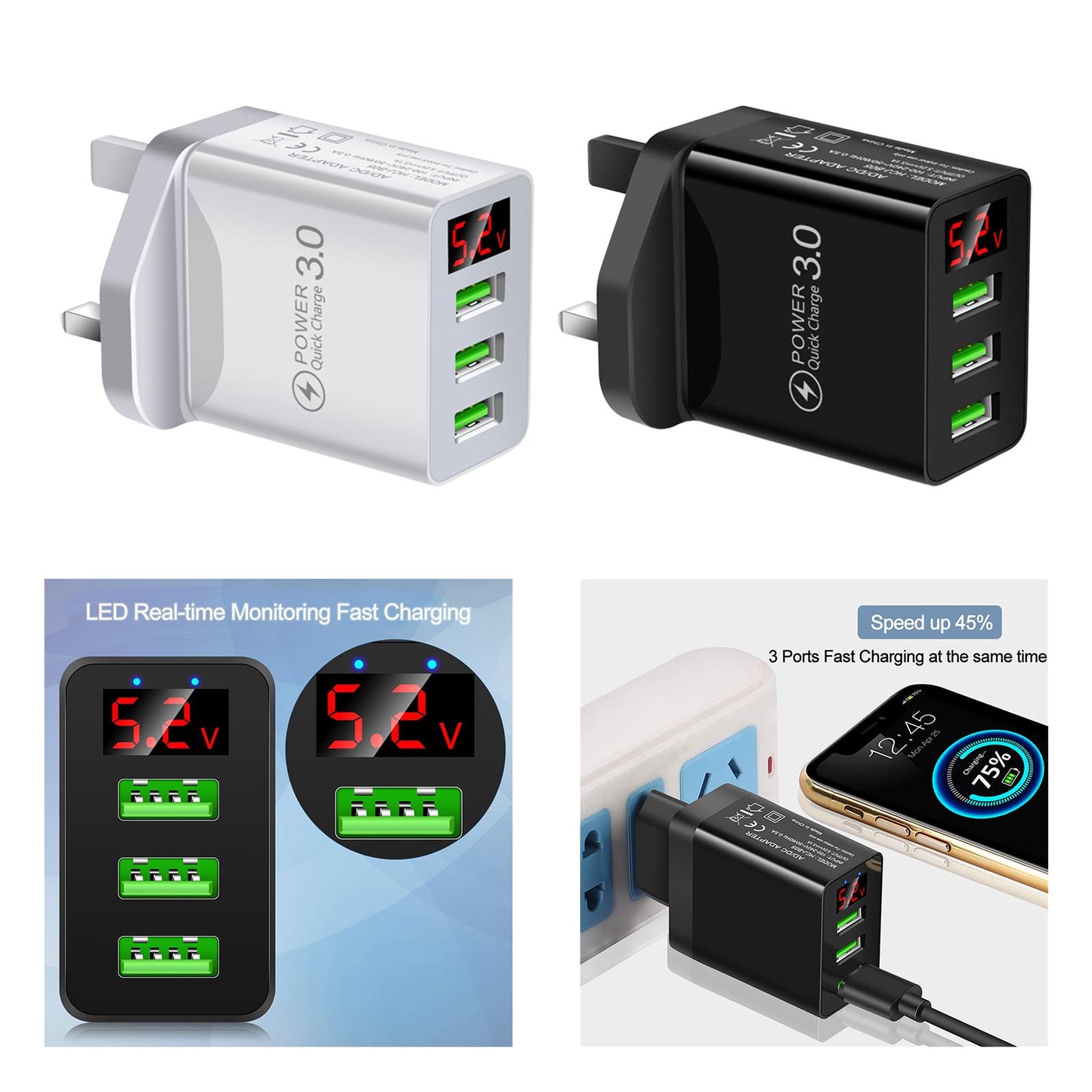 Fast Charger Portable 3USB Digital Display Fast Charging for Travel Charging Black