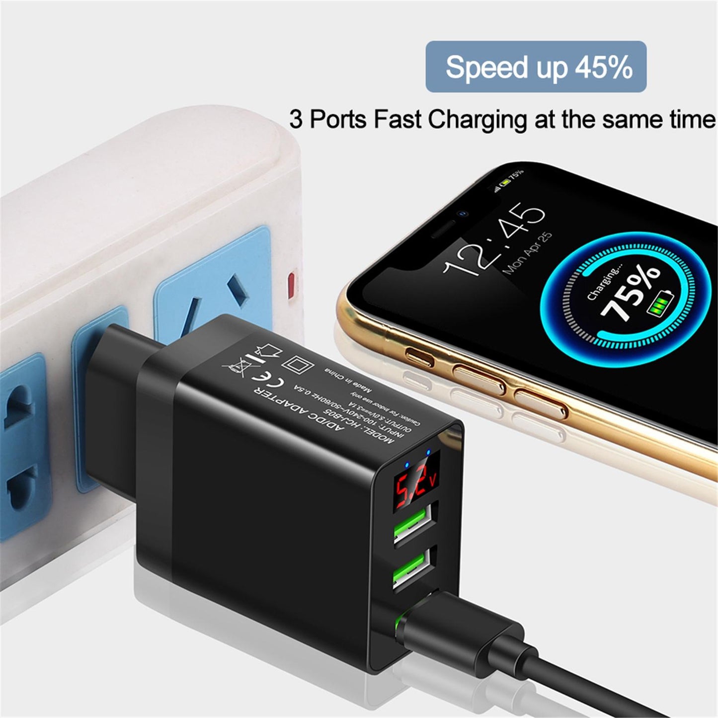 3USB Digital Display Fast Charging Portable Fast Charger for Travel Charging Black