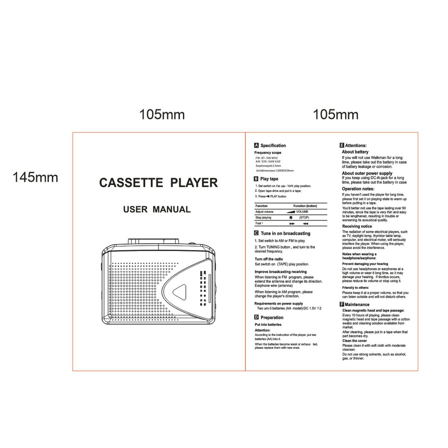 Cassette Player Portable Easy to Use with Headphones Transparent AM FM Radio