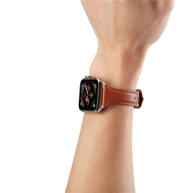 Genuine Leather Smart Watch Band Strap Replacement for Apple Watch Series 10 46mm / Ultra 2 Ultra 49mm / 9 8 7 45mm / SE (2023) SE (2022) SE 6 5 4 44mm / 3 2 1 42mm - Brown