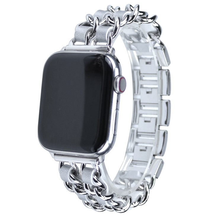 Metal + PU Leather Smart Watch Band Strap Replacement for Apple Watch Series 10 42mm / 9 8 7 41mm / SE (2023) SE (2022) SE 6 5 4 40mm / 3 2 1 38mm - Silver