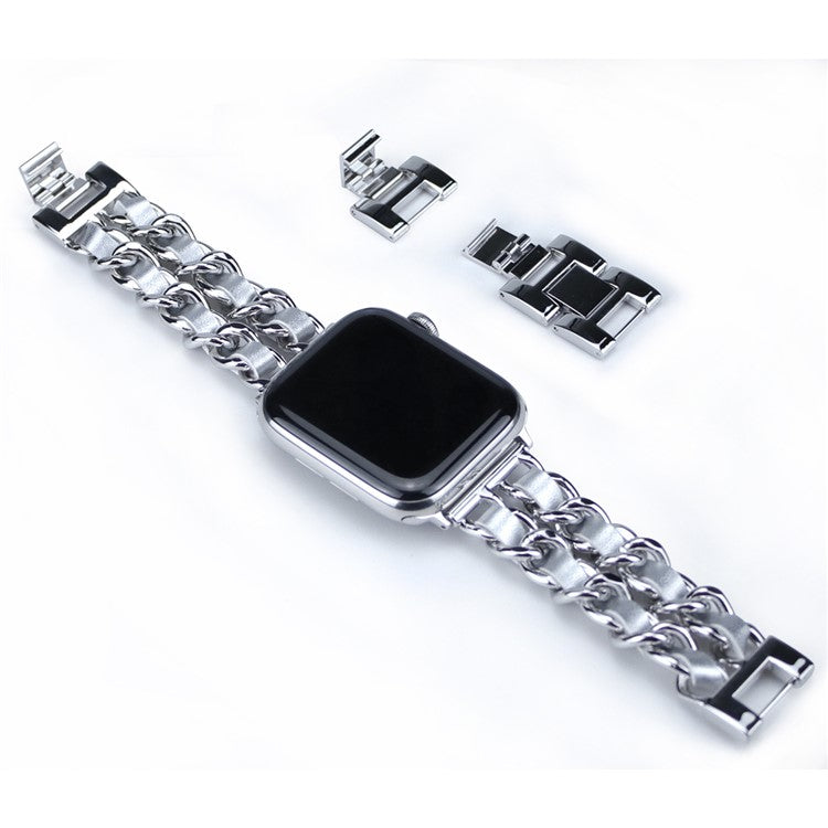 Metal + PU Leather Smart Watch Band Strap Replacement for Apple Watch Series 10 42mm / 9 8 7 41mm / SE (2023) SE (2022) SE 6 5 4 40mm / 3 2 1 38mm - Silver
